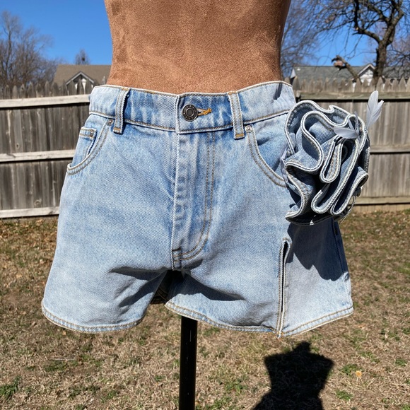 AREA Light Blue Jean Shorts with Ruffle Detail